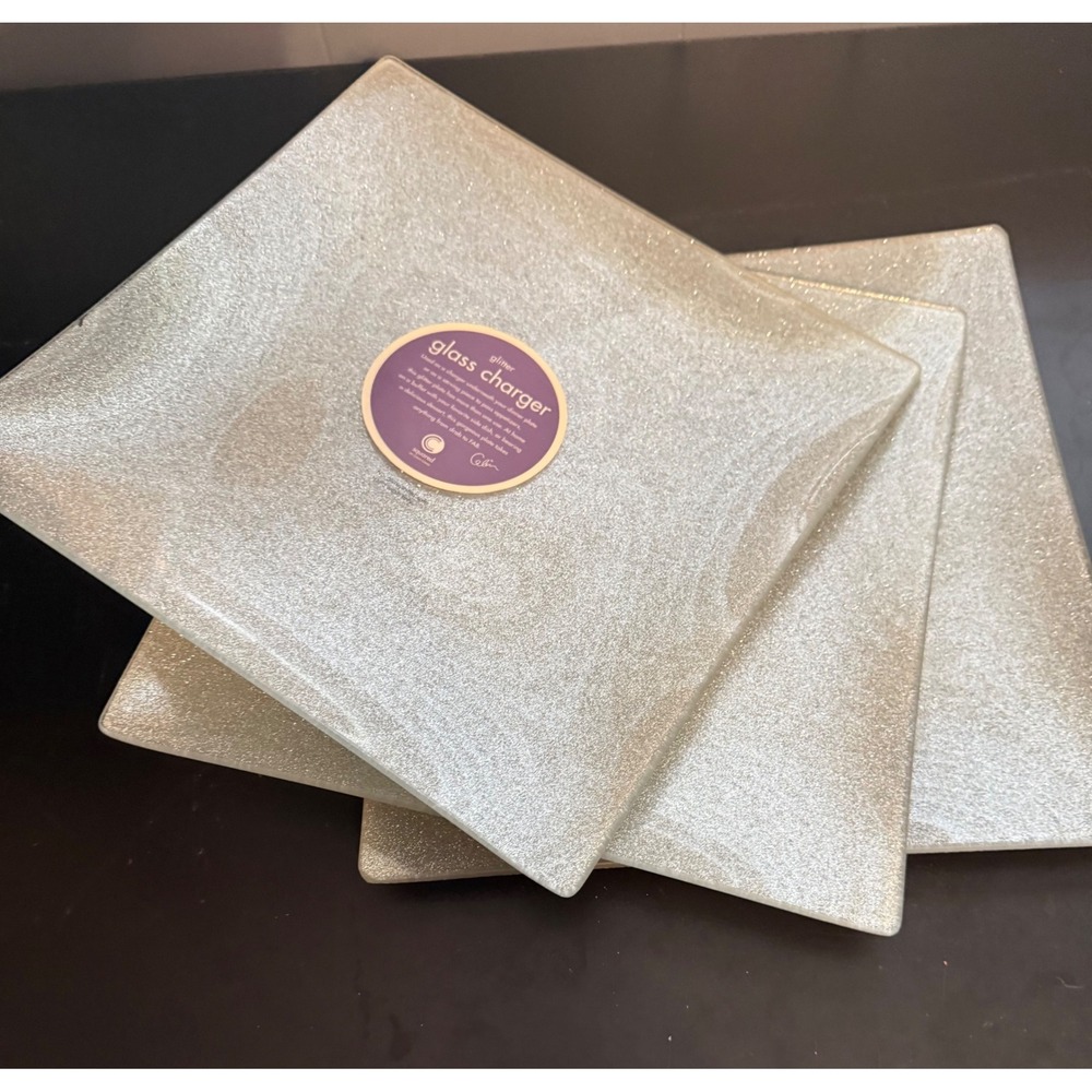 NEW Squared by Colin Cowie Silver Glitter Glass Charger Plates Set of 3 Square